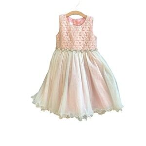 American Princess Dress Girls 2T Pink Ivory Lace Tulle‎ Beaded Flower Girl Party